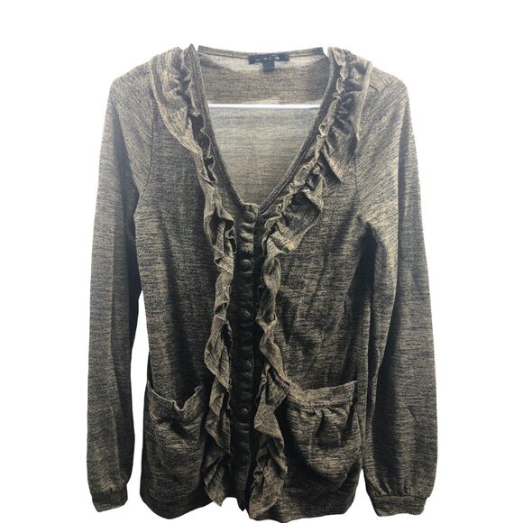 Love Free Brown Ruffled Button Down Cardigan Sweater Women's Size Medium - Picture 1 of 3